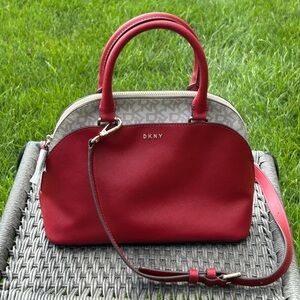 DKNY Bryant Dome Satchel/Crossbody, Tan Monogram & Red w/ Gold Hardware. NWOT